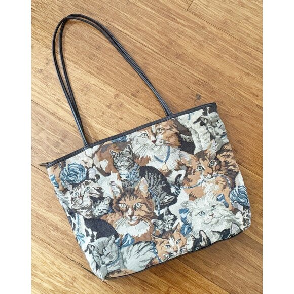 Accessory Works Handbags - Vintage ACCESSORY WORKS Tapestry Cat Kitten Bag Purse Tote 80s / 90s
